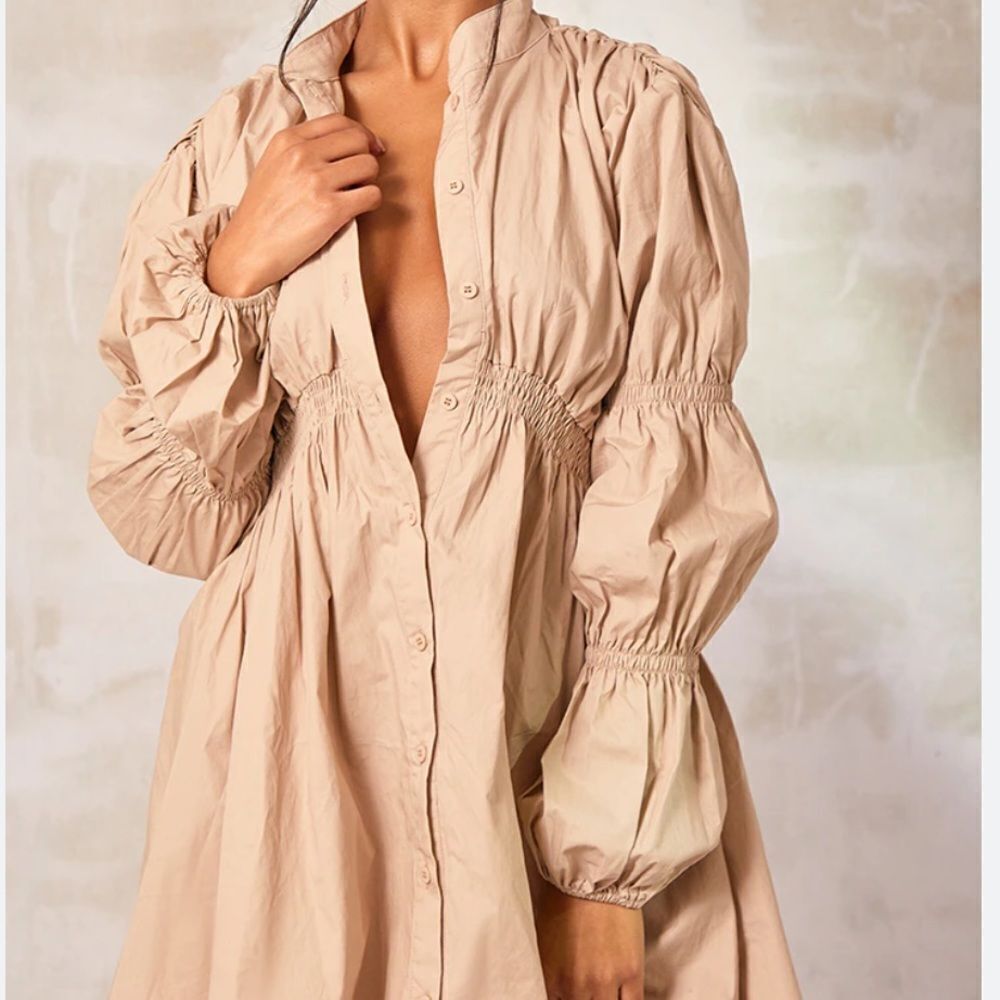 PrettyLittle Things Stone cotton ruched arm shirt dress Sz0 NWT IN PACKAGING - Picture 2 of 5